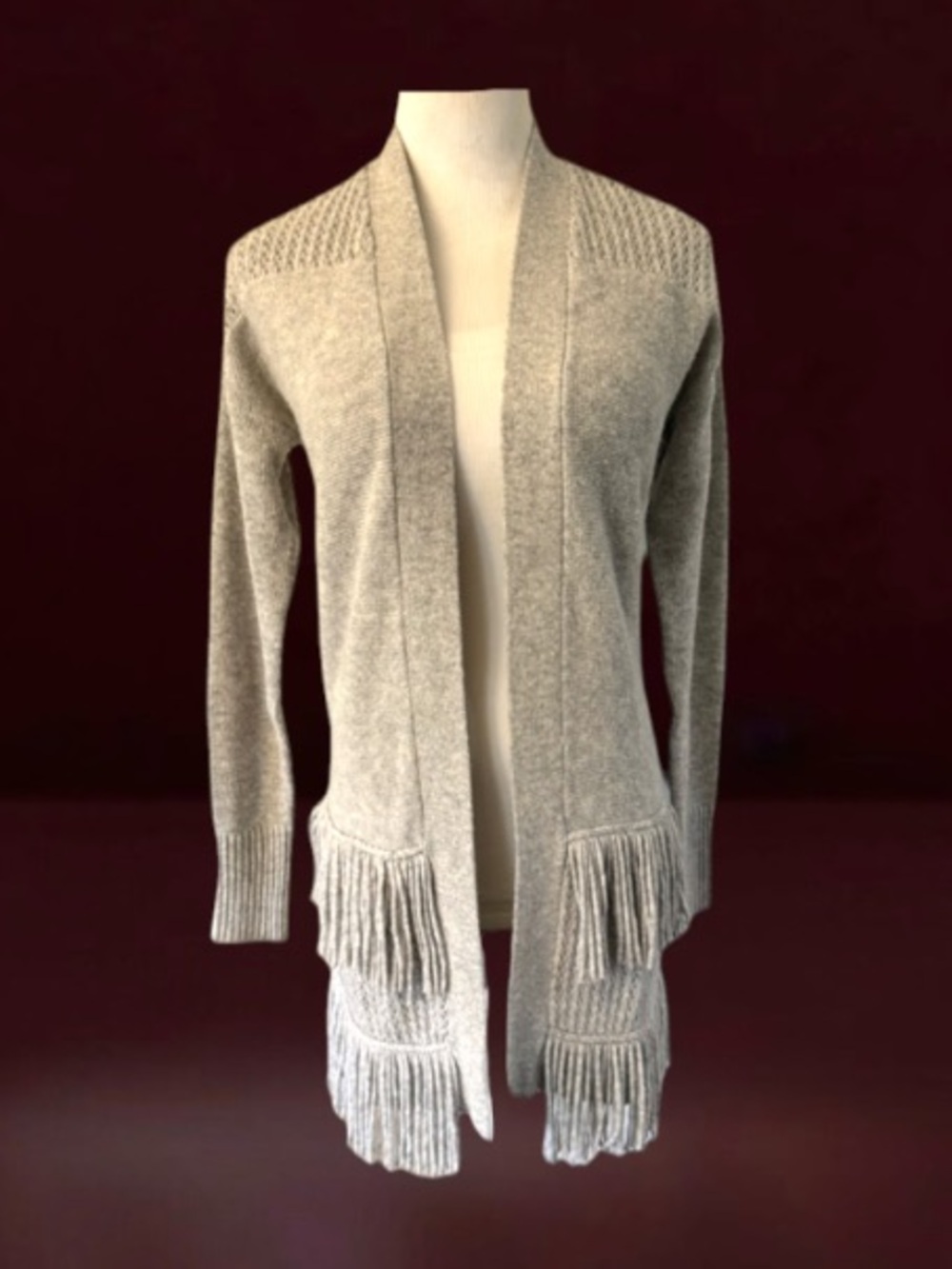 REBECCA TAYLOR Cashmere Wool Blend Fringe Grey Sweater Size Medium